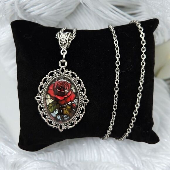 Mosaic Red Rose Portrait Cabochon Silver Glass Dome Victorian Goth Necklace - Picture 1 of 8